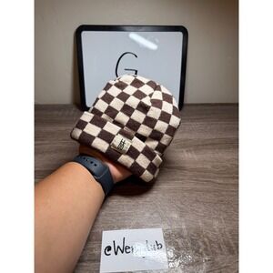 Forever French Beanie Checkerboard Pattern Brown Cream